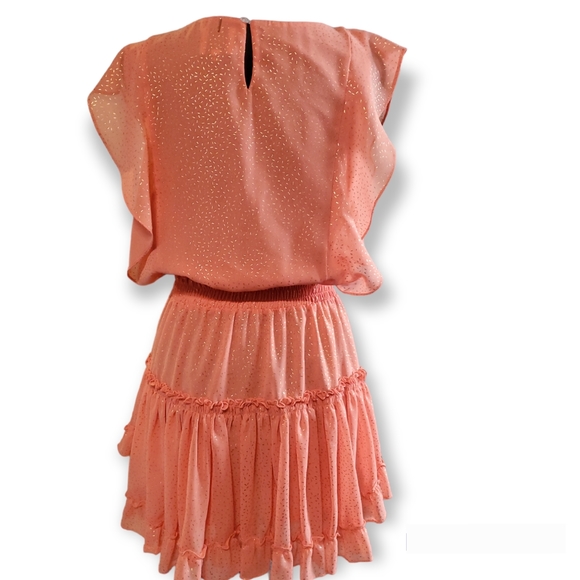 MISA LOS ANGELES small (S) coral peach gold foild confetti ruffles mini dress - Picture 2 of 16